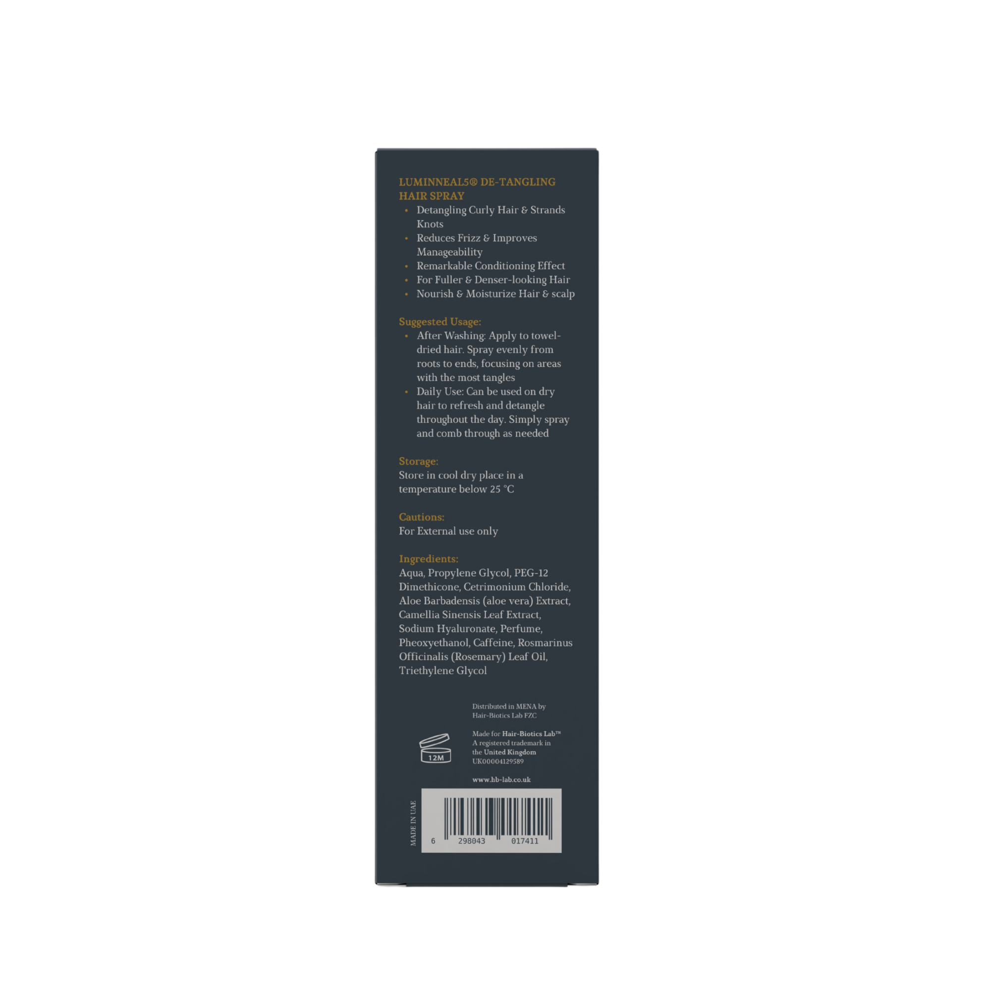 Lumineal5 de-tangling hair spray Back label of a product with text and a barcode on a white background