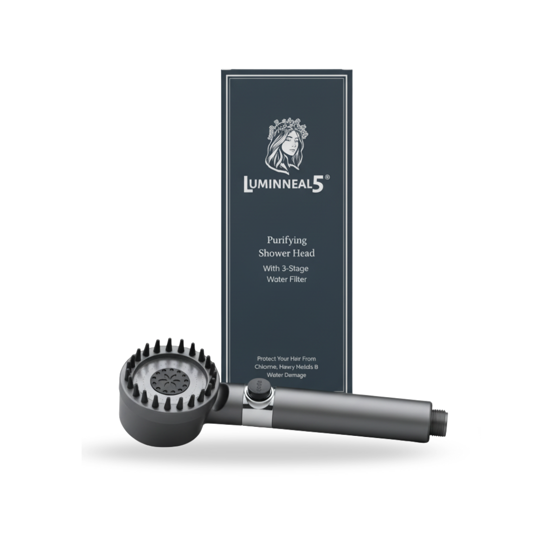 Luminneal5 shower head with packaging on a white background