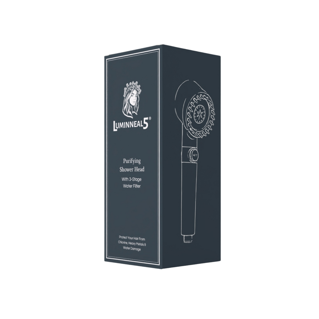 Luminneal5 shower head packaging on a white background